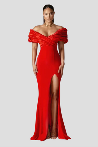 COLINE - Robe longue sexy en satin à volants et fente haute pour femme, rouge, épaules dénudées, plissée, moulante, robe longue, élégante, robes de soirée