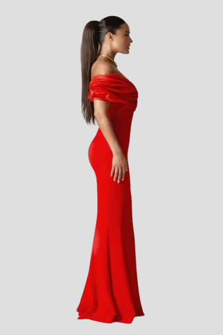 COLINE - Robe longue sexy en satin à volants et fente haute pour femme, rouge, épaules dénudées, plissée, moulante, robe longue, élégante, robes de soirée