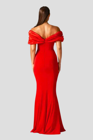 COLINE - Robe longue sexy en satin à volants et fente haute pour femme, rouge, épaules dénudées, plissée, moulante, robe longue, élégante, robes de soirée