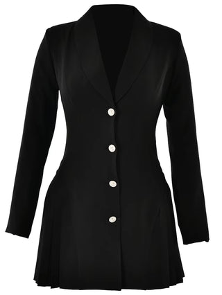 MAÎSSANE - Robe blazer plissée à simple boutonnage et col en V profond pour femme, mini-robe à manches longues, robe trapèze, nouvelle collection élégante, vêtements officiels d'automne