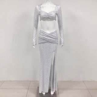ALESSIA - Ensemble deux pièces tendance avec haut à manches longues et col carré et strass brillants, jupe longue fendue sexy, élégant et célèbre, idéal pour une soirée ou un club