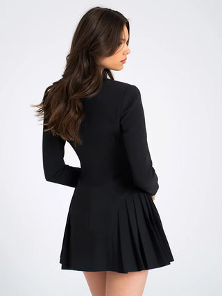 MAÎSSANE - Robe blazer plissée à simple boutonnage et col en V profond pour femme, mini-robe à manches longues, robe trapèze, nouvelle collection élégante, vêtements officiels d'automne