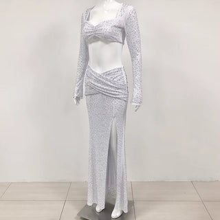 ALESSIA - Ensemble deux pièces tendance avec haut à manches longues et col carré et strass brillants, jupe longue fendue sexy, élégant et célèbre, idéal pour une soirée ou un club