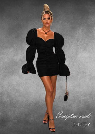 JOYE - Robe Crayon Chic à Manches Bouffantes Noire