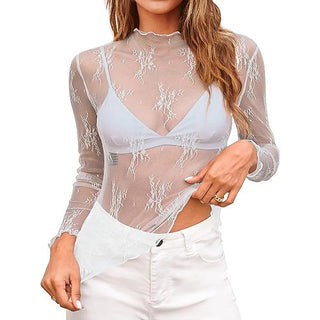 T-shirt en maille sexy pour femmes – Chemisier transparent en dentelle à manches longues