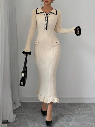 GIULIANA – Robe Élégante à Volants Côtelés, Taille Haute et Manches Longues
