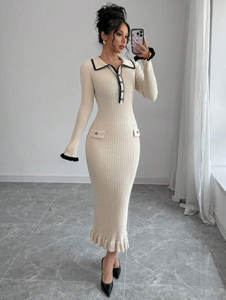 GIULIANA – Robe Élégante à Volants Côtelés, Taille Haute et Manches Longues