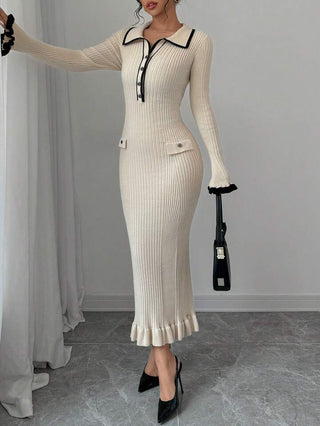GIULIANA – Robe Élégante à Volants Côtelés, Taille Haute et Manches Longues