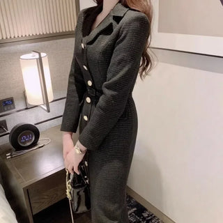 LANA - Robe mi-longue en tweed à col cranté, élégante et chic coréenne, avec boutons métalliques