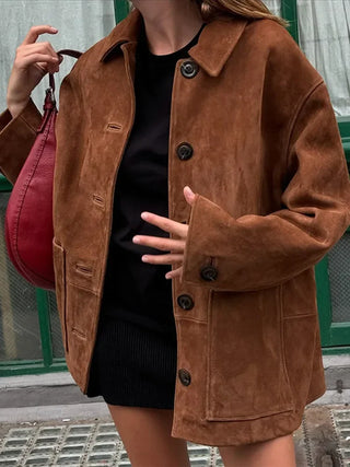 CASSANDRA - Veste marron vintage à revers avec poches pour femme – Élégance automnale et style intemporel