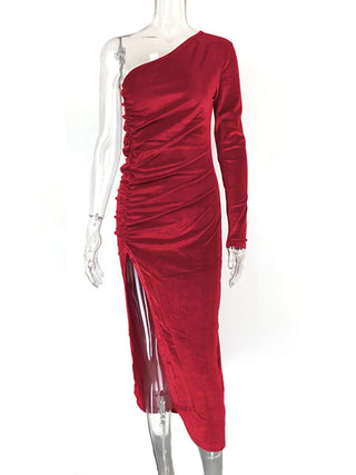 NESS - Robe de soirée sexy en velours rouge pour femme, à la mode, à une épaule, à manches plissées