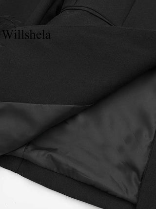 Willshela - Veste Blazer Vintage en Satin Noir avec Plumes pour Femme