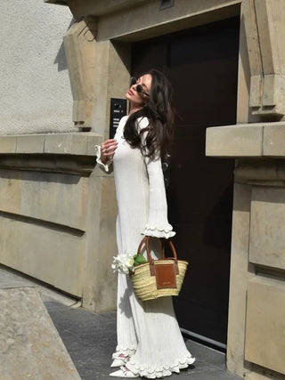 ASTRID - Robe longue élégante en tricot avec ourlet à volants pour femme - Col rond, style évasé