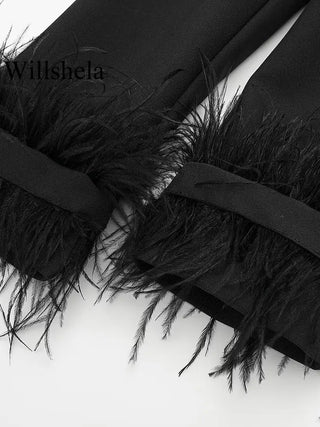 Willshela - Veste Blazer Vintage en Satin Noir avec Plumes pour Femme