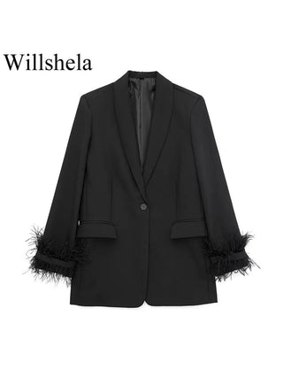 Willshela - Veste Blazer Vintage en Satin Noir avec Plumes pour Femme