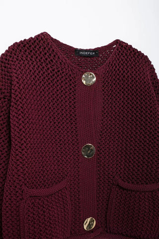 TRAFZA Cardigan tricoté  avec boutons métalliques et col rond, automne 2024