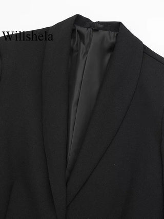 Willshela - Veste Blazer Vintage en Satin Noir avec Plumes pour Femme