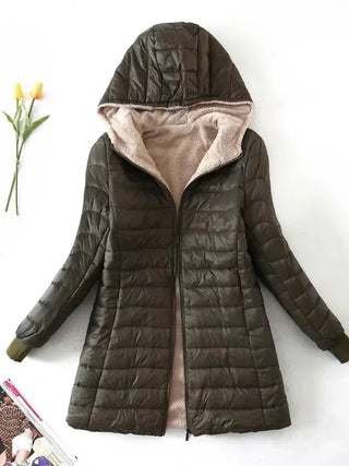 MADDY - Veste d'hiver mi-longue pour femme avec capuche, édition coréenne 2024