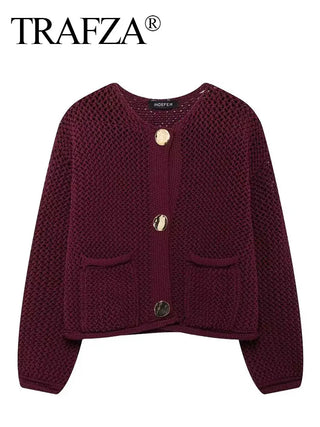 TRAFZA Cardigan tricoté  avec boutons métalliques et col rond, automne 2024