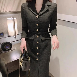 LANA - Robe mi-longue en tweed à col cranté, élégante et chic coréenne, avec boutons métalliques