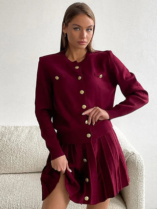 TALYA - Ensemble élégant de mini-jupe à boutons pour femmes, haut slim bordeaux rouge à col rond et simple boutonnage, tenues pour femmes, nouvelle collection automne 2025