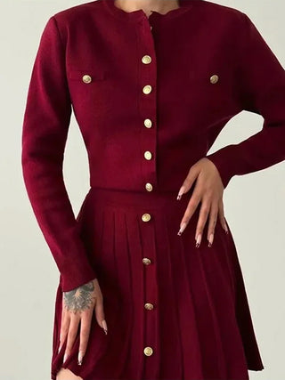 TALYA - Ensemble élégant de mini-jupe à boutons pour femmes, haut slim bordeaux rouge à col rond et simple boutonnage, tenues pour femmes, nouvelle collection automne 2025