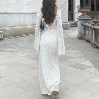 DAYNA - Robe longue en tricot ajourée style plage pour femme, élégante et évasée au crochet