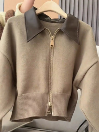 Pull en tricot à col en cuir épissé – Cardigan tendance à double fermeture éclair