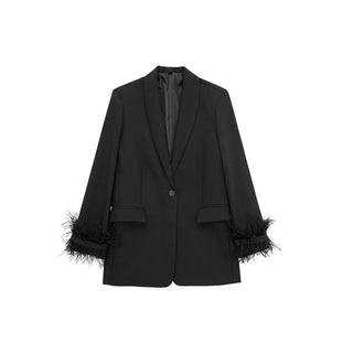 Willshela - Veste Blazer Vintage en Satin Noir avec Plumes pour Femme