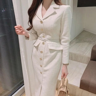 LANA - Robe mi-longue en tweed à col cranté, élégante et chic coréenne, avec boutons métalliques