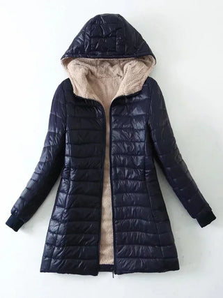 MADDY - Veste d'hiver mi-longue pour femme avec capuche, édition coréenne 2024