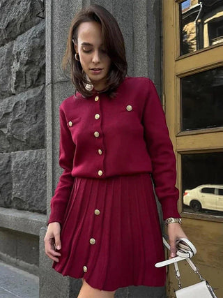 TALYA - Ensemble élégant de mini-jupe à boutons pour femmes, haut slim bordeaux rouge à col rond et simple boutonnage, tenues pour femmes, nouvelle collection automne 2025