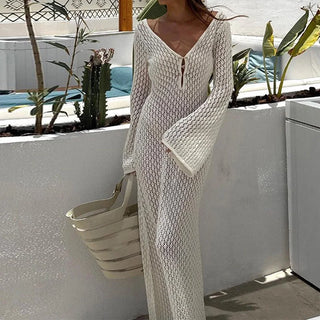 DAYNA - Robe longue en tricot ajourée style plage pour femme, élégante et évasée au crochet