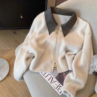 Pull en tricot à col en cuir épissé – Cardigan tendance à double fermeture éclair