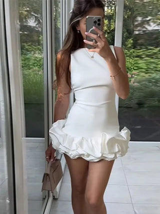 ENÉA - Mini-Robe Plissée Blanche Sexy à Volants pour Femme