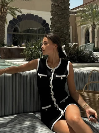 SERENITÉ - Robe en tricot contrastée noire et blanche pour femme, chic, 2024