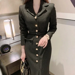 LANA - Robe mi-longue en tweed à col cranté, élégante et chic coréenne, avec boutons métalliques