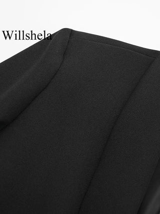 Willshela - Veste Blazer Vintage en Satin Noir avec Plumes pour Femme