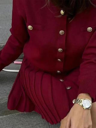 TALYA - Ensemble élégant de mini-jupe à boutons pour femmes, haut slim bordeaux rouge à col rond et simple boutonnage, tenues pour femmes, nouvelle collection automne 2025
