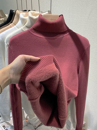 Pull d'hiver à col roulé pour femme, élégant, épais, doublé de velours, chaud