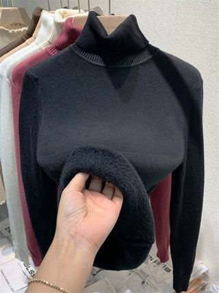 Pull d'hiver à col roulé pour femme, élégant, épais, doublé de velours, chaud