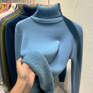 Pull d'hiver à col roulé pour femme, élégant, épais, doublé de velours, chaud