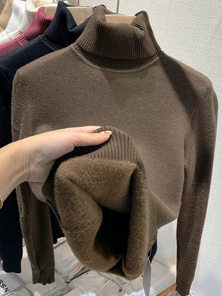 Pull d'hiver à col roulé pour femme, élégant, épais, doublé de velours, chaud