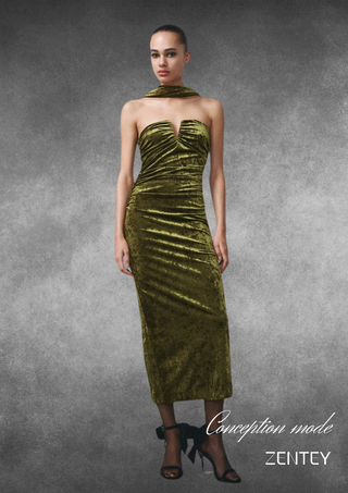 ESMERALDA - Robe longue en velours vert chic à licou pour femme, sexy, slim, sans manches