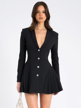 MAÎSSANE - Robe blazer plissée à simple boutonnage et col en V profond pour femme, mini-robe à manches longues, robe trapèze, nouvelle collection élégante, vêtements officiels d'automne
