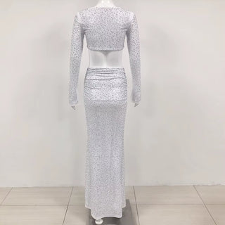 ALESSIA - Ensemble deux pièces tendance avec haut à manches longues et col carré et strass brillants, jupe longue fendue sexy, élégant et célèbre, idéal pour une soirée ou un club