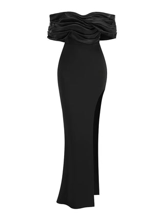COLINE - Robe longue sexy en satin à volants et fente haute pour femme, rouge, épaules dénudées, plissée, moulante, robe longue, élégante, robes de soirée