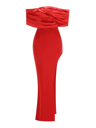 COLINE - Robe longue sexy en satin à volants et fente haute pour femme, rouge, épaules dénudées, plissée, moulante, robe longue, élégante, robes de soirée