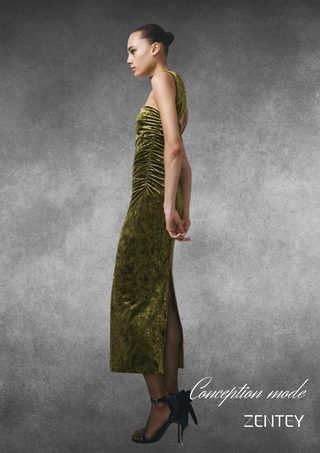 ESMERALDA - Robe longue en velours vert chic à licou pour femme, sexy, slim, sans manches